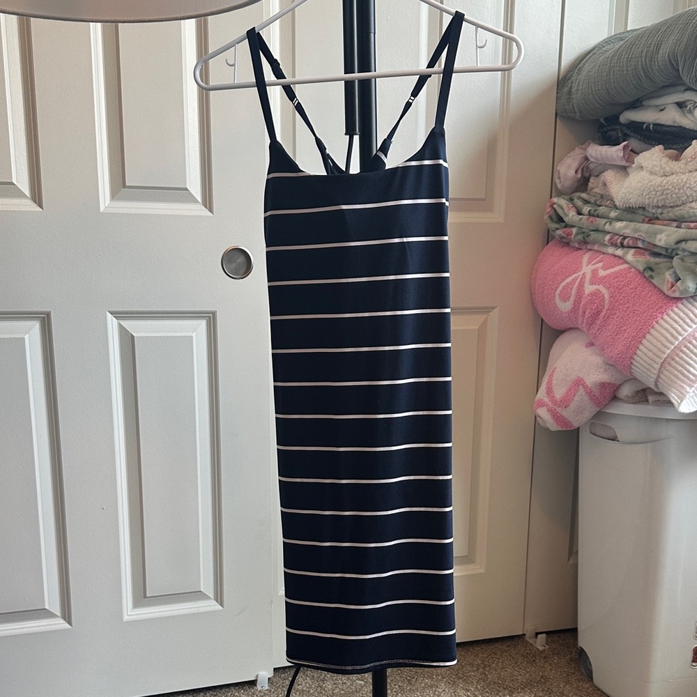 Danskin Navy and White Striped Spaghetti Strap Midi Dress